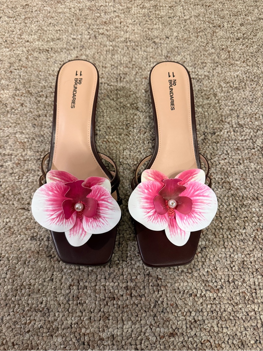 No Boundaries Brown Kitten Heels with Pink Flower